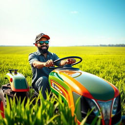 A realistic depiction of Virat Kohli, an Indian cricketer, confidently driving a tractor in a vast green agricultural field