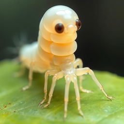 A detailed depiction of a pale larva with multiple legs, featuring a smooth, glossy texture and a light coloration that suggests translucence