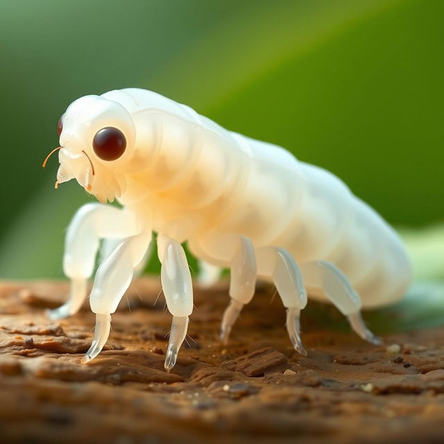 A detailed depiction of a pale larva with multiple legs, featuring a smooth, glossy texture and a light coloration that suggests translucence