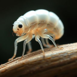 A detailed depiction of a pale larva with multiple legs, featuring a smooth, glossy texture and a light coloration that suggests translucence