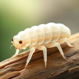 A detailed depiction of a pale larva with multiple legs, featuring a smooth, glossy texture and a light coloration that suggests translucence