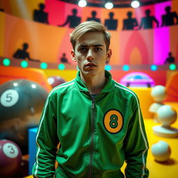 A person dressed as a contestant from a dystopian game show, inspired by 'Squid Game'