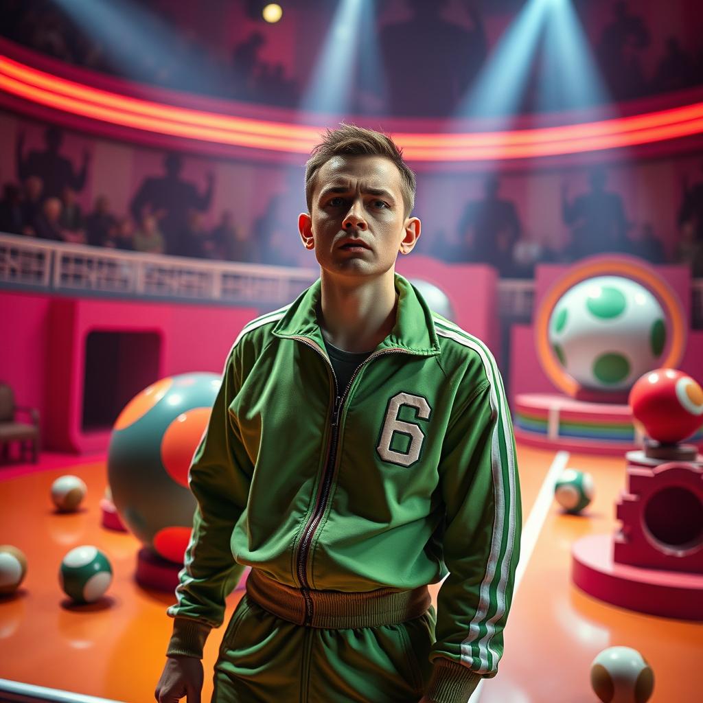 A person dressed as a contestant from a dystopian game show, inspired by 'Squid Game'