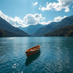 A serene and picturesque landscape featuring a tranquil lake surrounded by lush green forests and majestic mountains in the background