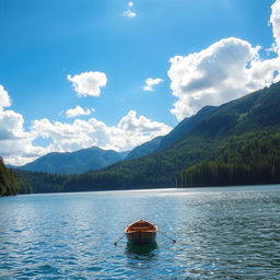 A serene and picturesque landscape featuring a tranquil lake surrounded by lush green forests and majestic mountains in the background