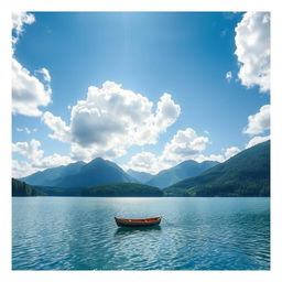 A serene and picturesque landscape featuring a tranquil lake surrounded by lush green forests and majestic mountains in the background