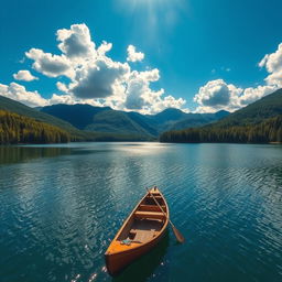 A serene and picturesque landscape featuring a tranquil lake surrounded by lush green forests and majestic mountains in the background