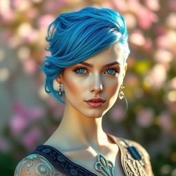 A beautiful portrait of a young woman with striking blue hair styled elegantly, showcasing a confident and captivating expression
