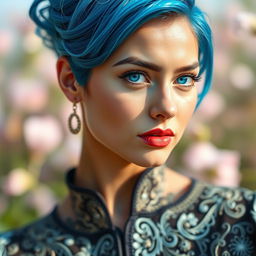 A beautiful portrait of a young woman with striking blue hair styled elegantly, showcasing a confident and captivating expression