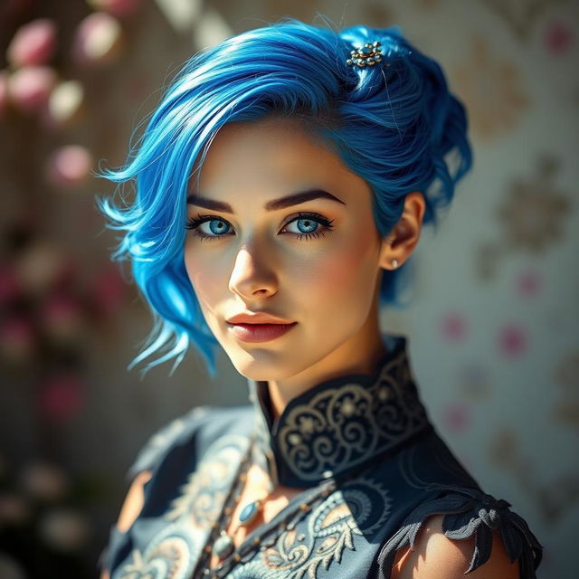 A beautiful portrait of a young woman with striking blue hair styled elegantly, showcasing a confident and captivating expression