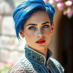 A beautiful portrait of a young woman with striking blue hair styled elegantly, showcasing a confident and captivating expression