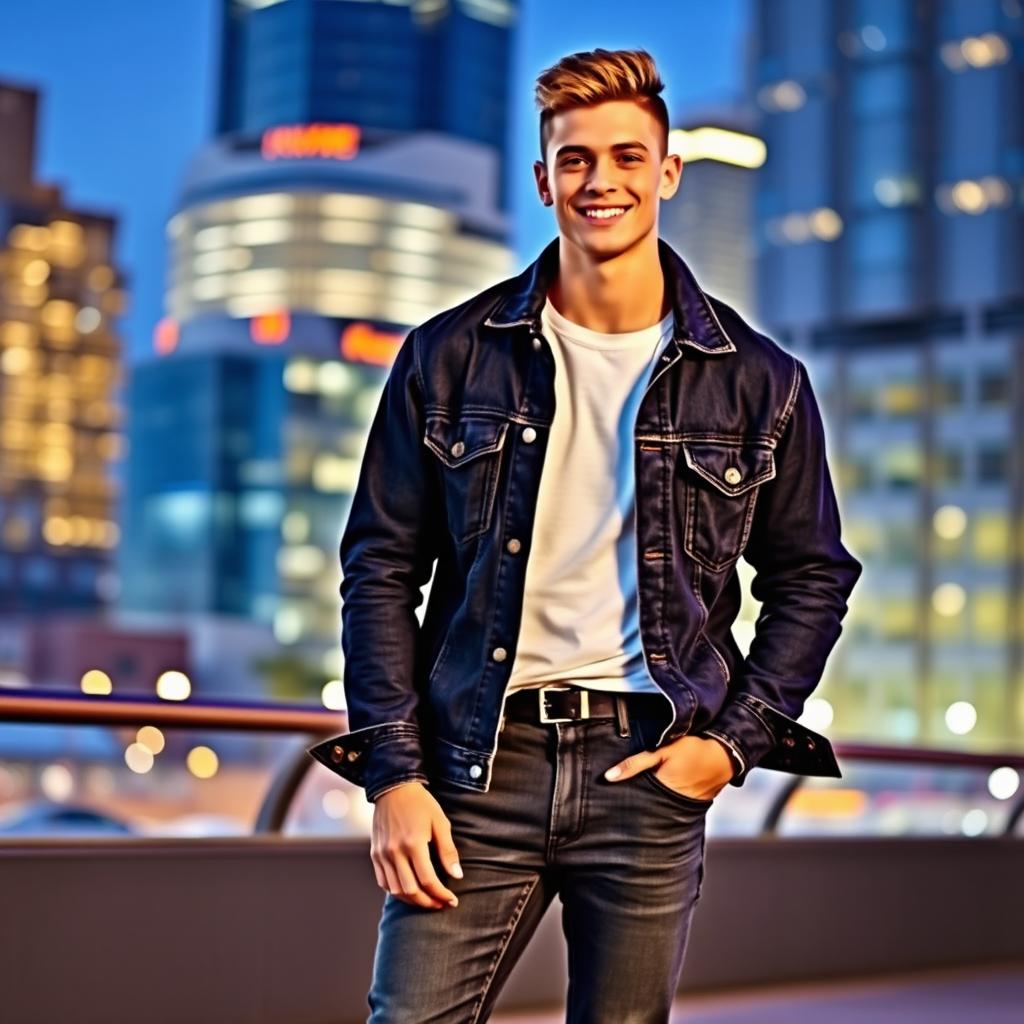 A young white man wearing a stylish denim jacket, casually posing in an urban setting