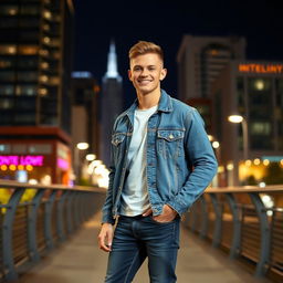 A young white man wearing a stylish denim jacket, casually posing in an urban setting