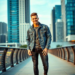 A young white man wearing a stylish denim jacket, casually posing in an urban setting