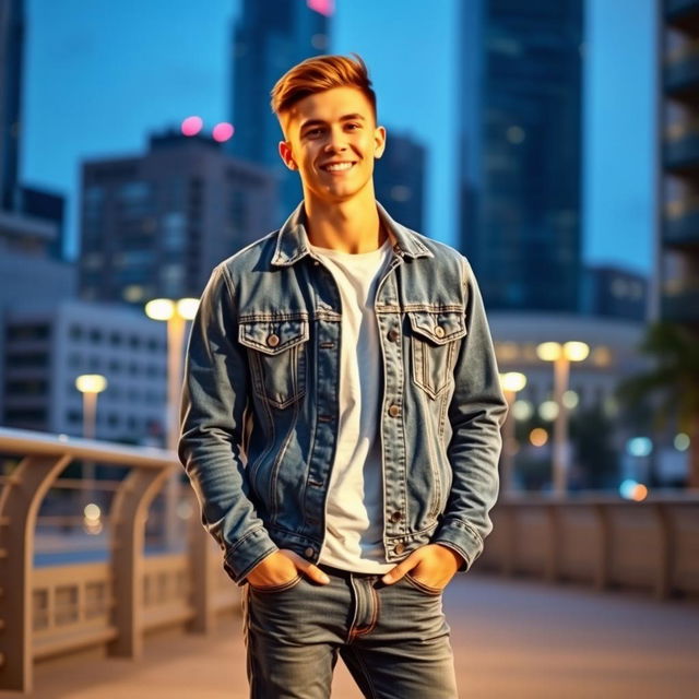 A young white man wearing a stylish denim jacket, casually posing in an urban setting