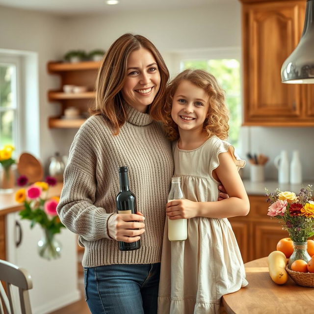 A warm and joyful scene of a mother and daughter standing together, smiling and enjoying each other's company