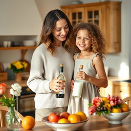 A warm and joyful scene of a mother and daughter standing together, smiling and enjoying each other's company