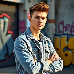 A young white man wearing a stylish denim jacket, standing with his arms crossed in a confident pose