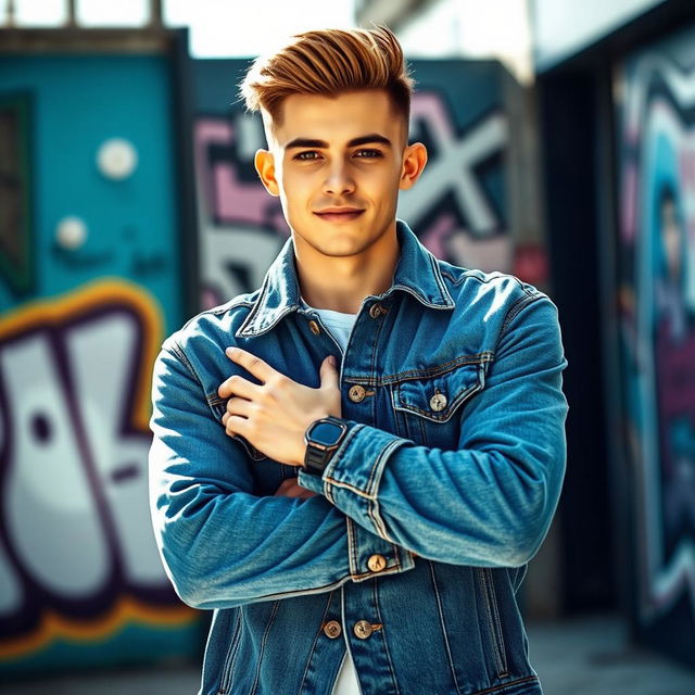 A young white man wearing a stylish denim jacket, standing with his arms crossed in a confident pose