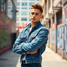 A young white man wearing a stylish denim jacket, standing with his arms crossed in a confident pose