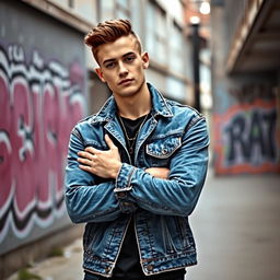 A young white man wearing a stylish denim jacket, standing with his arms crossed in a confident pose