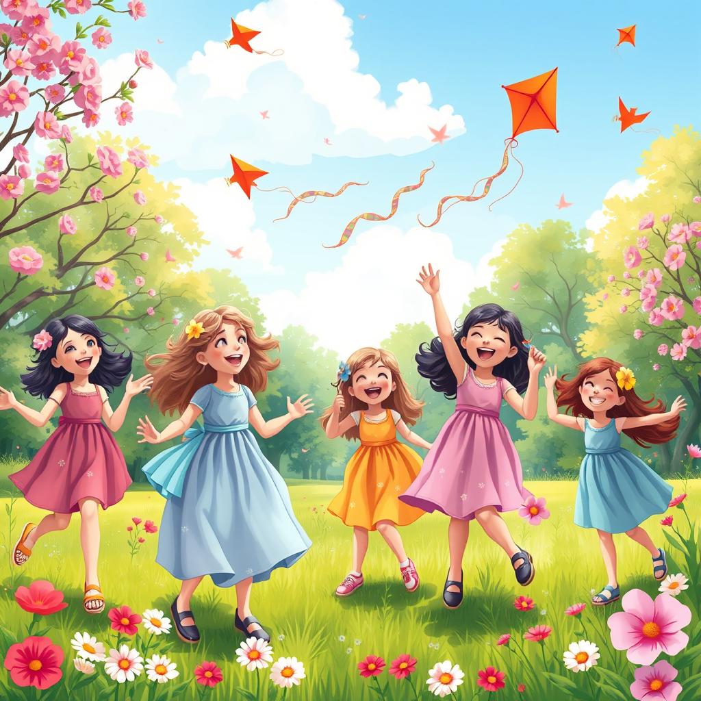 A vibrant and whimsical scene featuring a diverse group of young girls joyfully playing together in a beautiful park