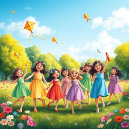 A vibrant and whimsical scene featuring a diverse group of young girls joyfully playing together in a beautiful park