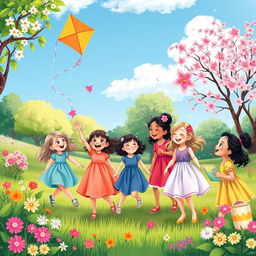 A vibrant and whimsical scene featuring a diverse group of young girls joyfully playing together in a beautiful park