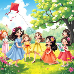 A vibrant and whimsical scene featuring a diverse group of young girls joyfully playing together in a beautiful park