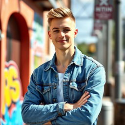 A young white man dressed in a stylish denim jacket, standing with his arms crossed in a relaxed yet confident pose