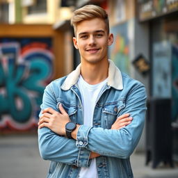 A young white man dressed in a stylish denim jacket, standing with his arms crossed in a relaxed yet confident pose