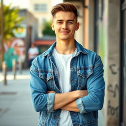 A young white man dressed in a stylish denim jacket, standing with his arms crossed in a relaxed yet confident pose