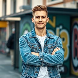 A young white man dressed in a stylish denim jacket, standing with his arms crossed in a relaxed yet confident pose