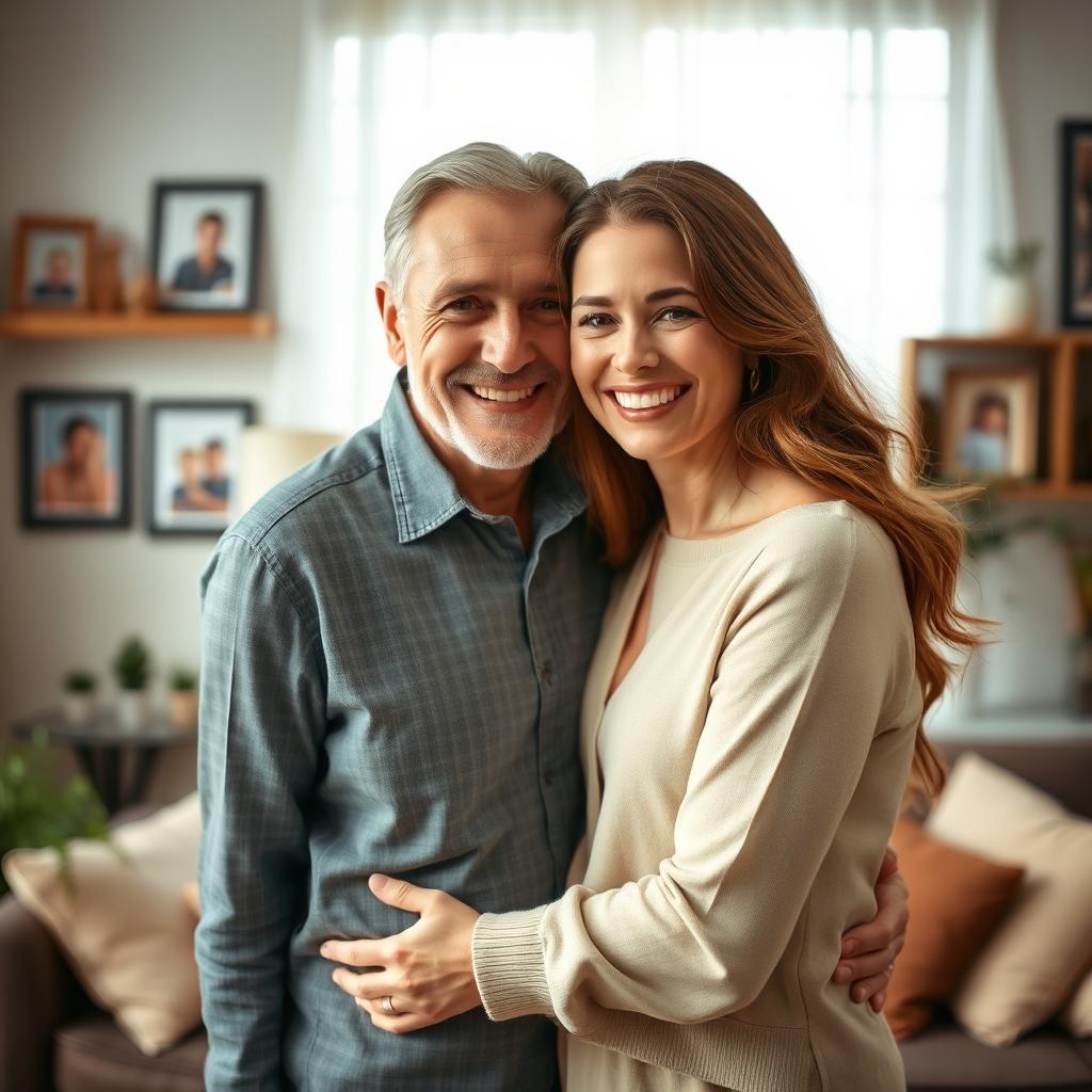 A loving and caring spouse, showcasing a warm embrace, with a bright smile that radiates happiness