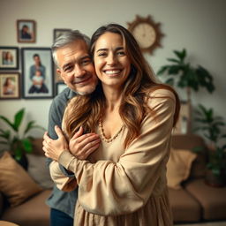 A loving and caring spouse, showcasing a warm embrace, with a bright smile that radiates happiness