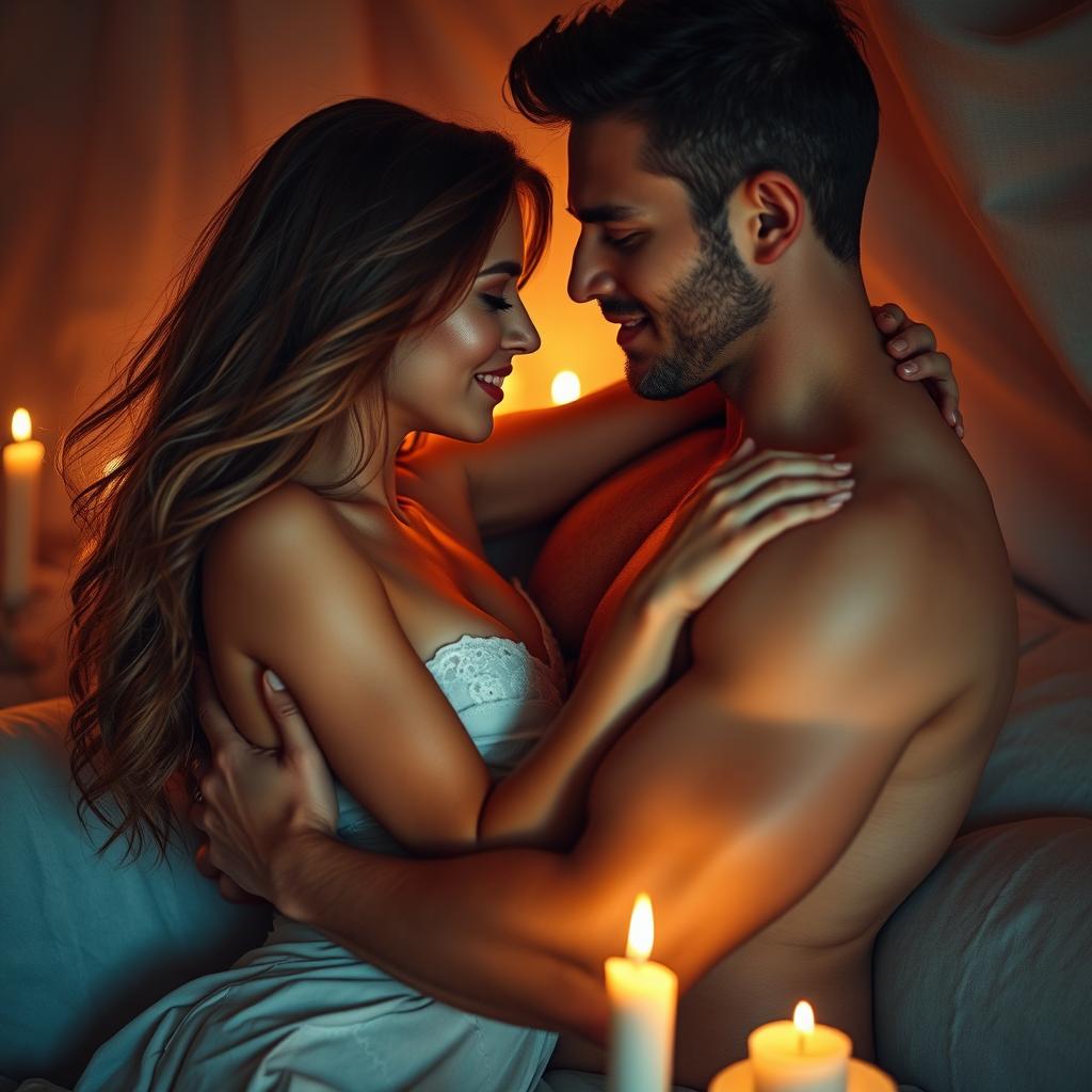 A sensual and intimate scene of a couple embracing in a softly lit room, their expressions filled with passion and connection