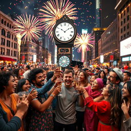 A vibrant New Year's celebration scene, featuring a joyful crowd of diverse people wearing colorful party attire, confetti falling from the sky, and fireworks exploding in the background