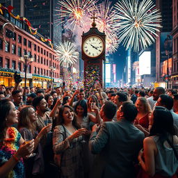 A vibrant New Year's celebration scene, featuring a joyful crowd of diverse people wearing colorful party attire, confetti falling from the sky, and fireworks exploding in the background