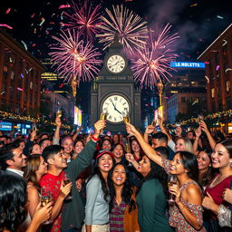 A vibrant New Year's celebration scene, featuring a joyful crowd of diverse people wearing colorful party attire, confetti falling from the sky, and fireworks exploding in the background
