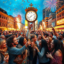 A vibrant New Year's celebration scene, featuring a joyful crowd of diverse people wearing colorful party attire, confetti falling from the sky, and fireworks exploding in the background