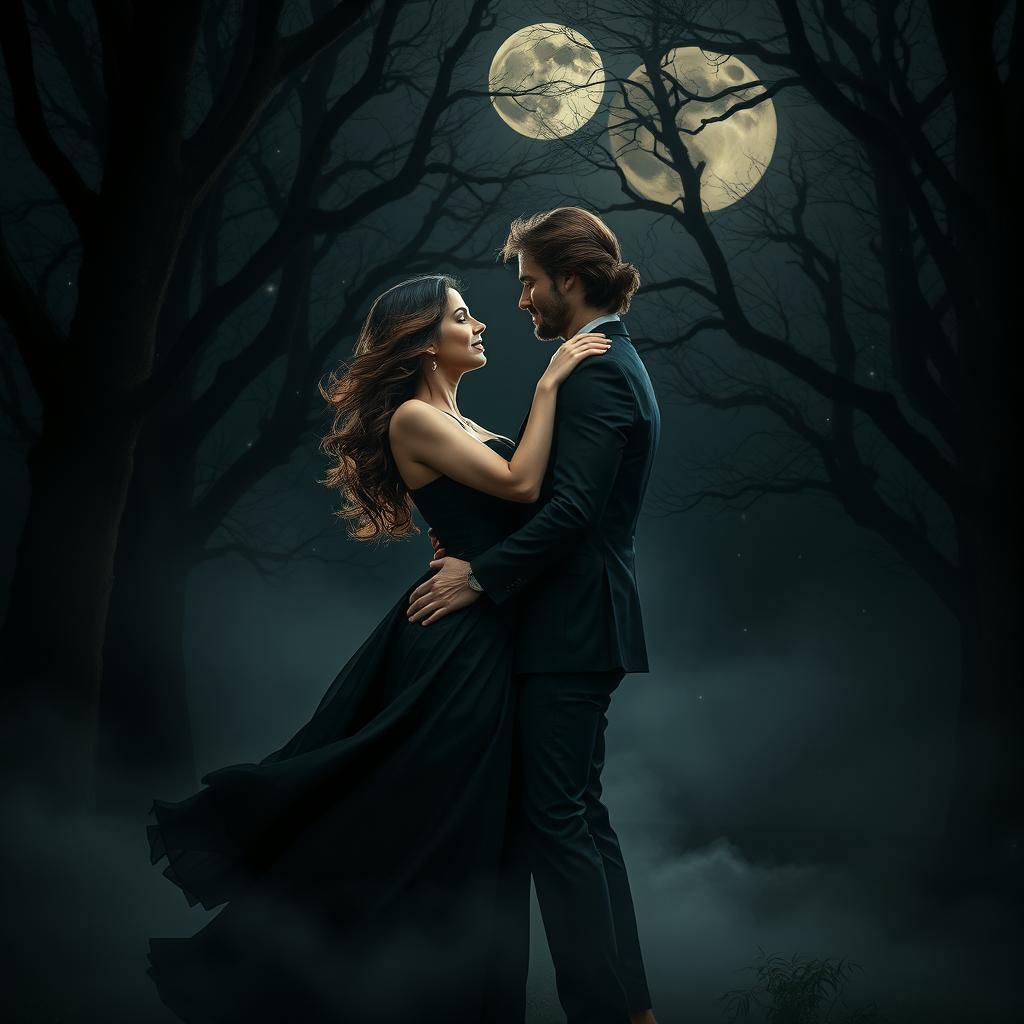 A dark romantic scene set in a moonlit forest, featuring a passionate couple entwined in an embrace