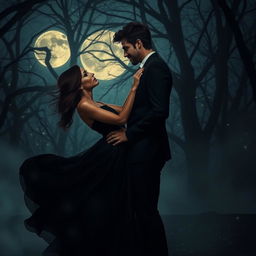 A dark romantic scene set in a moonlit forest, featuring a passionate couple entwined in an embrace
