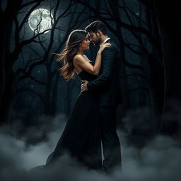 A dark romantic scene set in a moonlit forest, featuring a passionate couple entwined in an embrace
