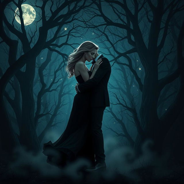 A dark romantic scene set in a moonlit forest, featuring a passionate couple entwined in an embrace