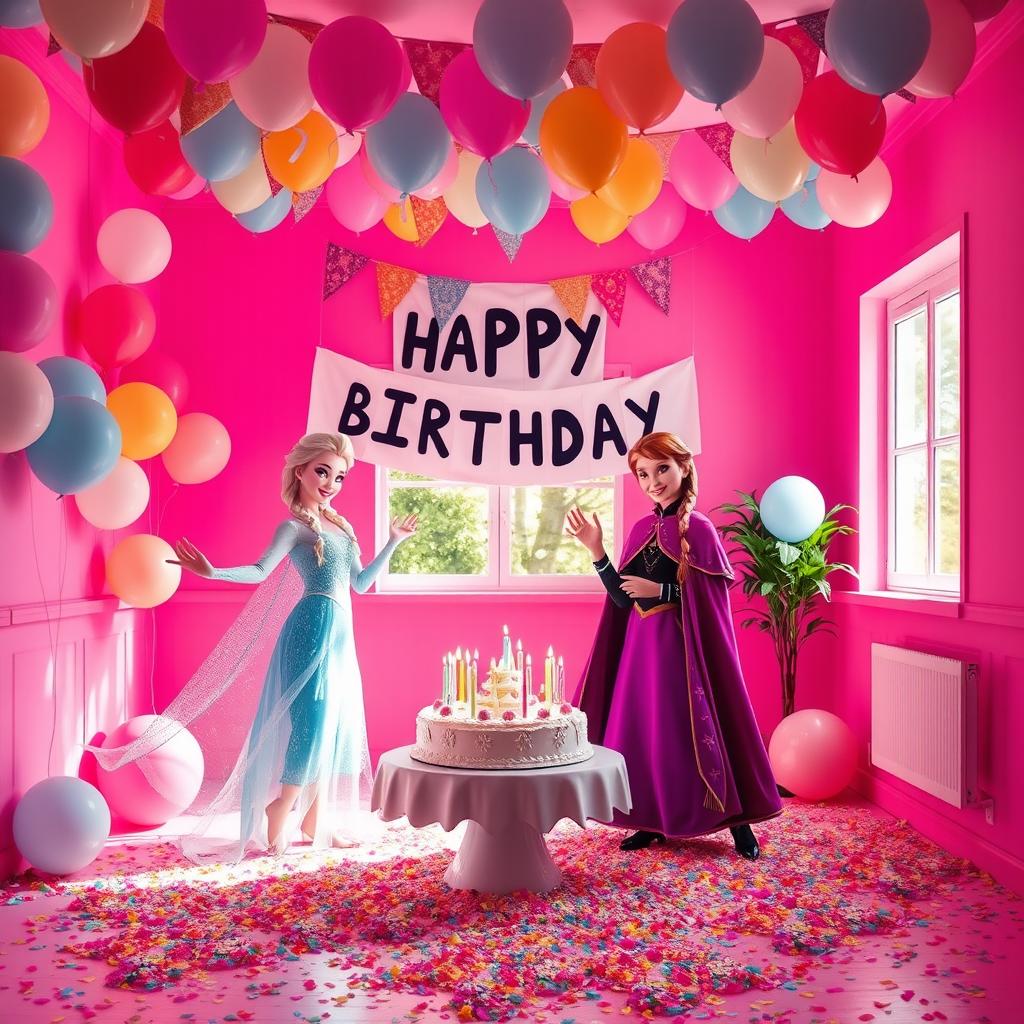 A vibrant pink room filled with colorful balloons and festive party flags elegantly hanging from the ceiling