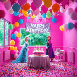 A vibrant pink room filled with colorful balloons and festive party flags elegantly hanging from the ceiling