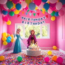 A vibrant pink room filled with colorful balloons and festive party flags elegantly hanging from the ceiling