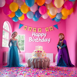 A vibrant pink room filled with colorful balloons and festive party flags elegantly hanging from the ceiling