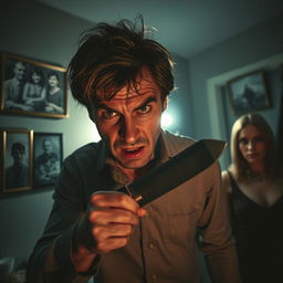 A tense psychological thriller scene depicting a psycho husband in a dimly lit room