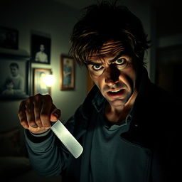 A tense psychological thriller scene depicting a psycho husband in a dimly lit room